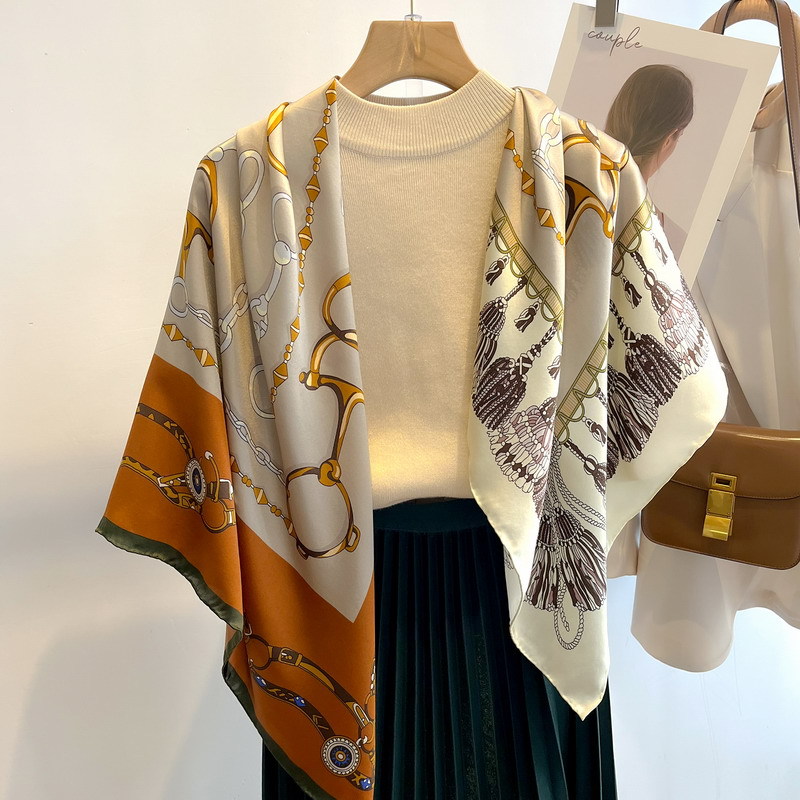 Personalized Print Large Square Silk Scarf for Women Spring and Autumn All Wear Satin Silk Shawl