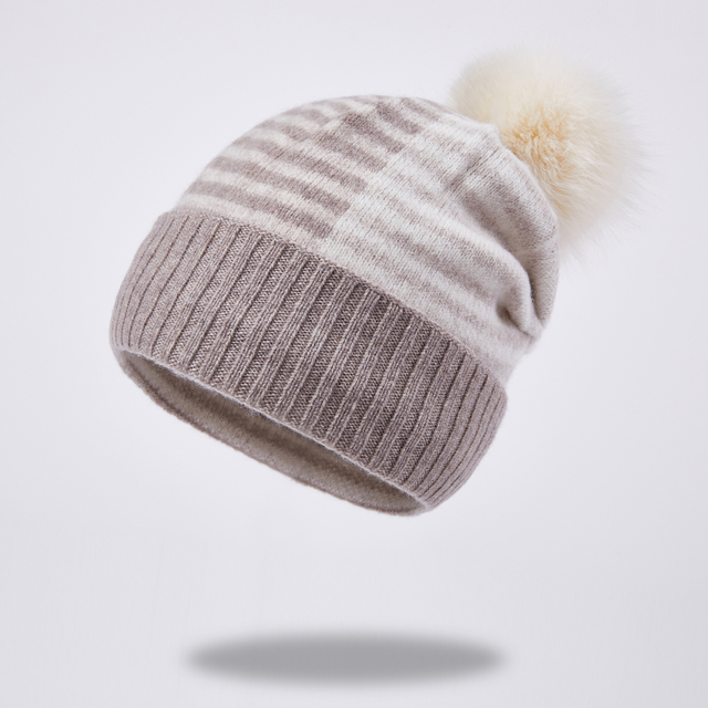 M9377 Fashion 100% Wool Casual Striped Fall And Winter Warm with Pom Pom Cold Hat Beanie