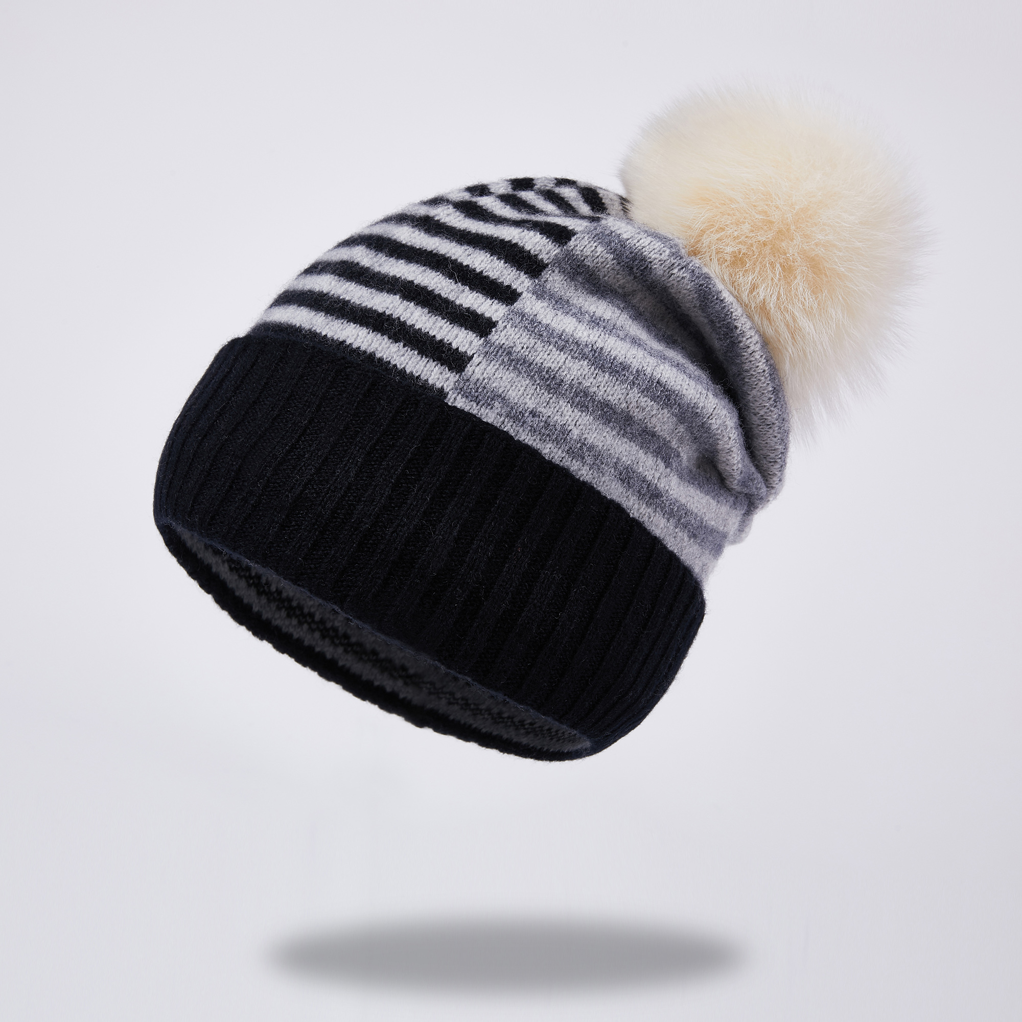M9377 Fashion 100% Wool Casual Striped Fall And Winter Warm with Pom Pom Cold Hat Beanie