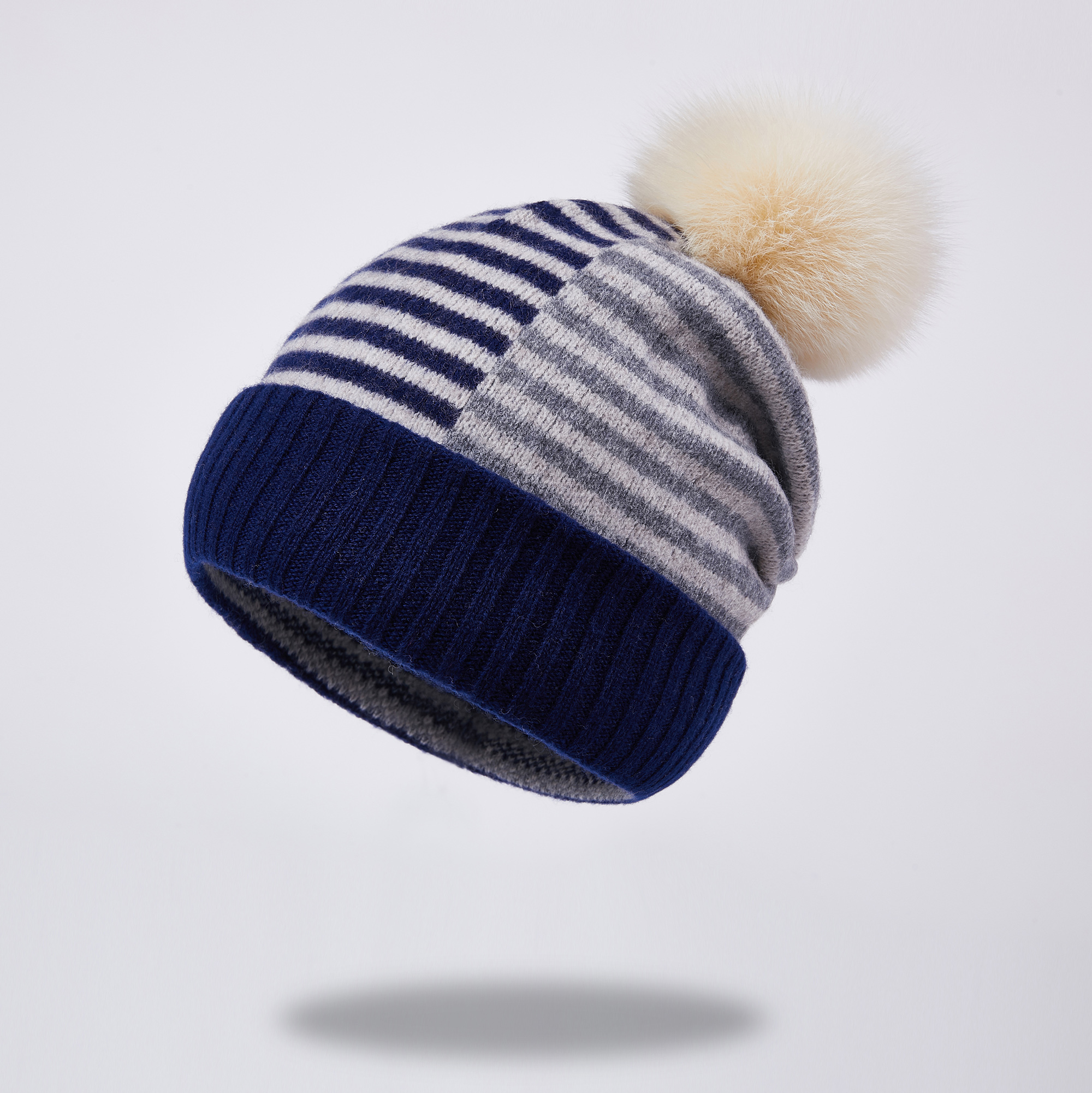 M9377 Fashion 100% Wool Casual Striped Fall And Winter Warm with Pom Pom Cold Hat Beanie
